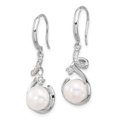 Sterling Silver RH-plat Polished 8-8.5mm FWC Pearl and CZ Dangle Earrings