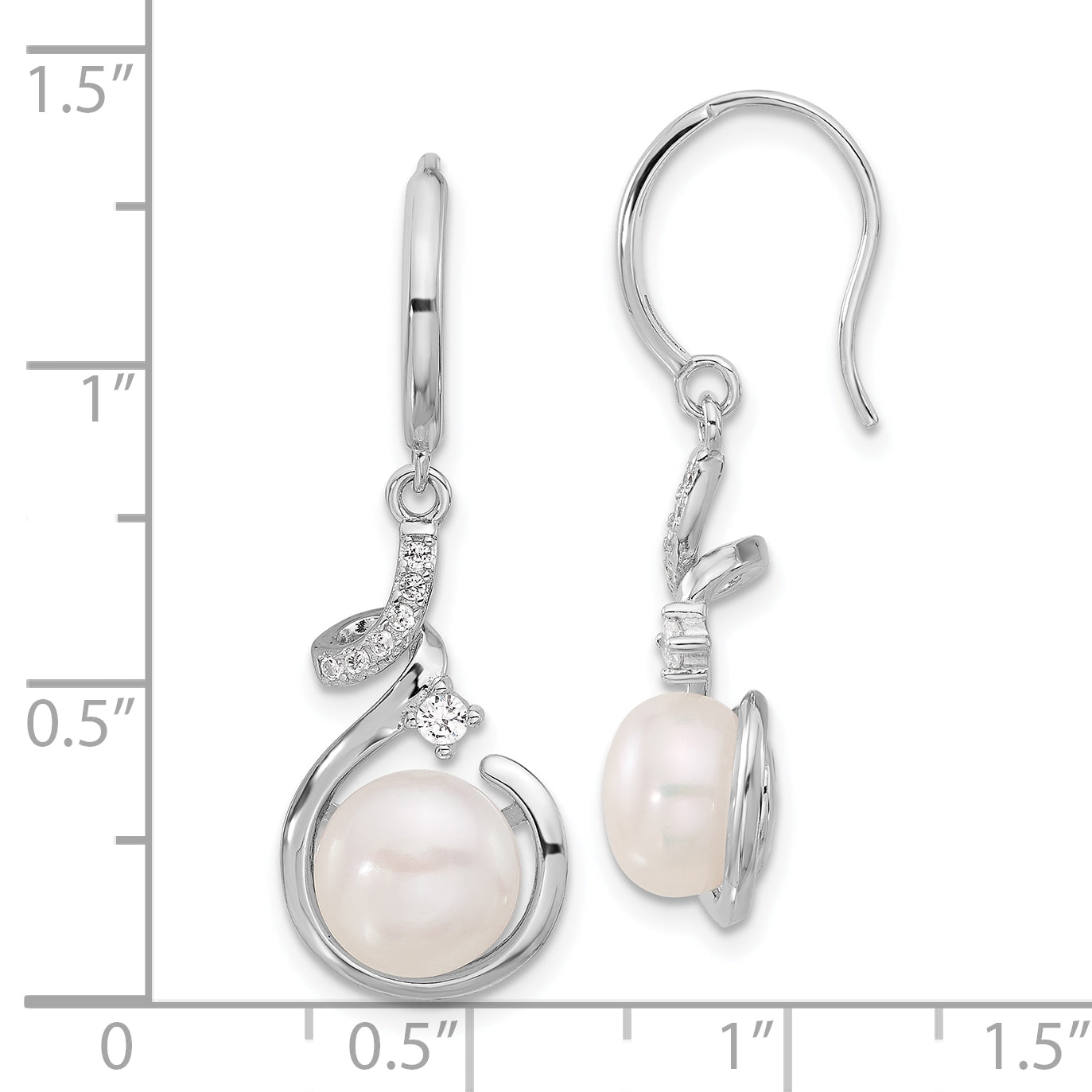 Sterling Silver RH-plat Polished 8-8.5mm FWC Pearl and CZ Dangle Earrings