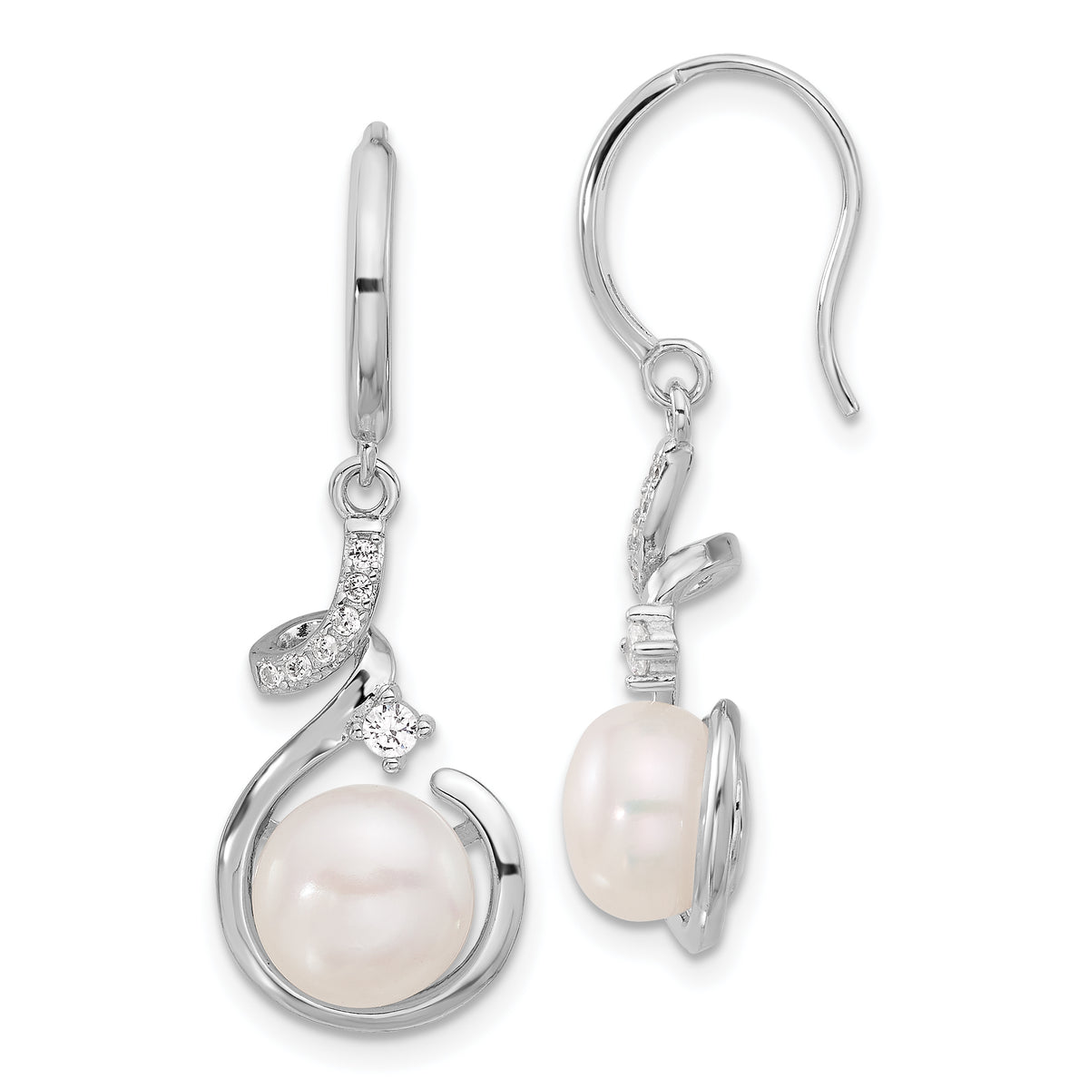 Sterling Silver RH-plat Polished 8-8.5mm FWC Pearl and CZ Dangle Earrings