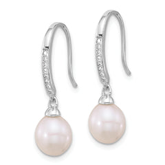 Sterling Silver Rhodium-plated Polished White 7-8mm Freshwater Cultured Pearl & CZ Dangle Earrings