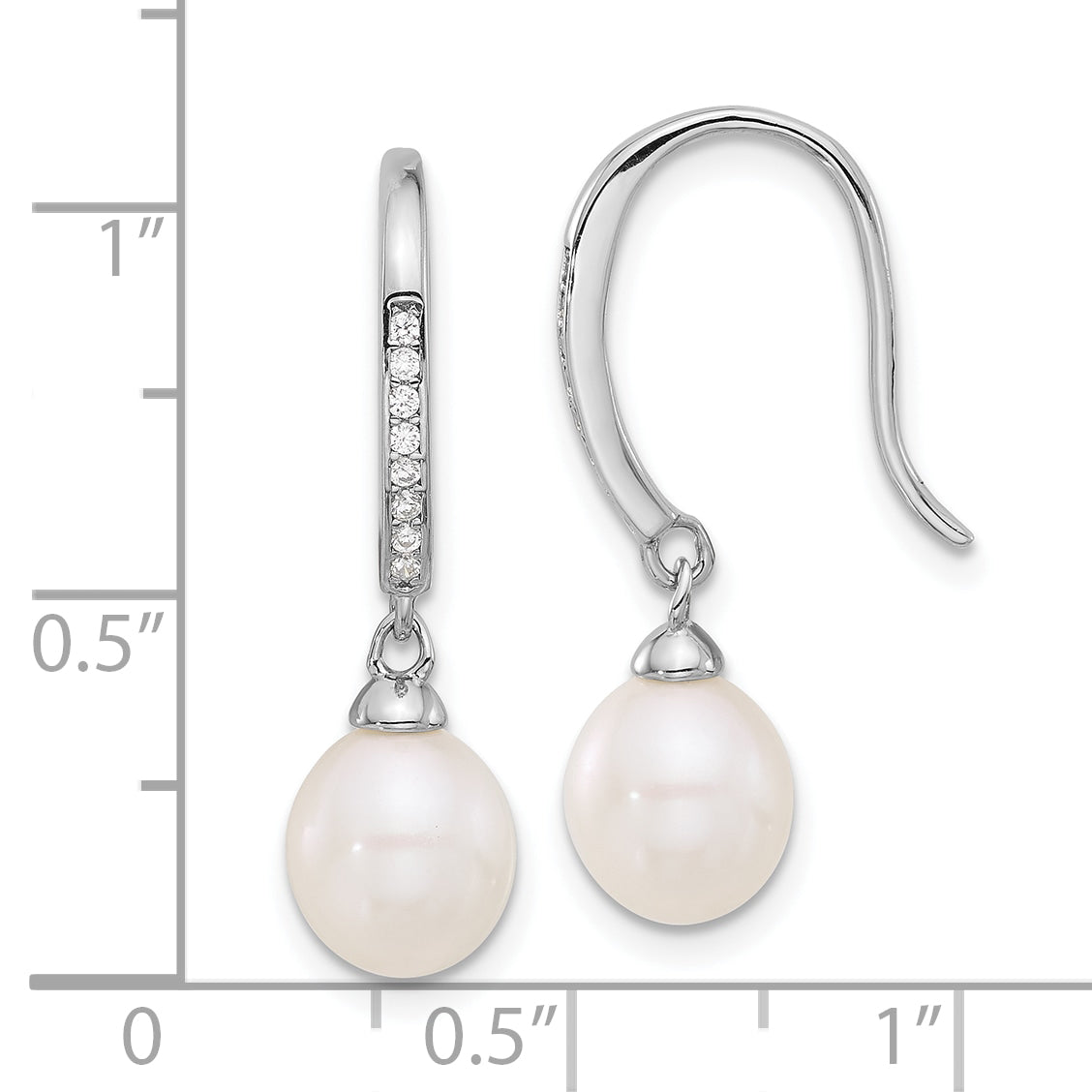 Sterling Silver Rhodium-plated Polished White 7-8mm Freshwater Cultured Pearl & CZ Dangle Earrings