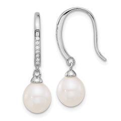 Sterling Silver Rhodium-plated Polished White 7-8mm Freshwater Cultured Pearl & CZ Dangle Earrings