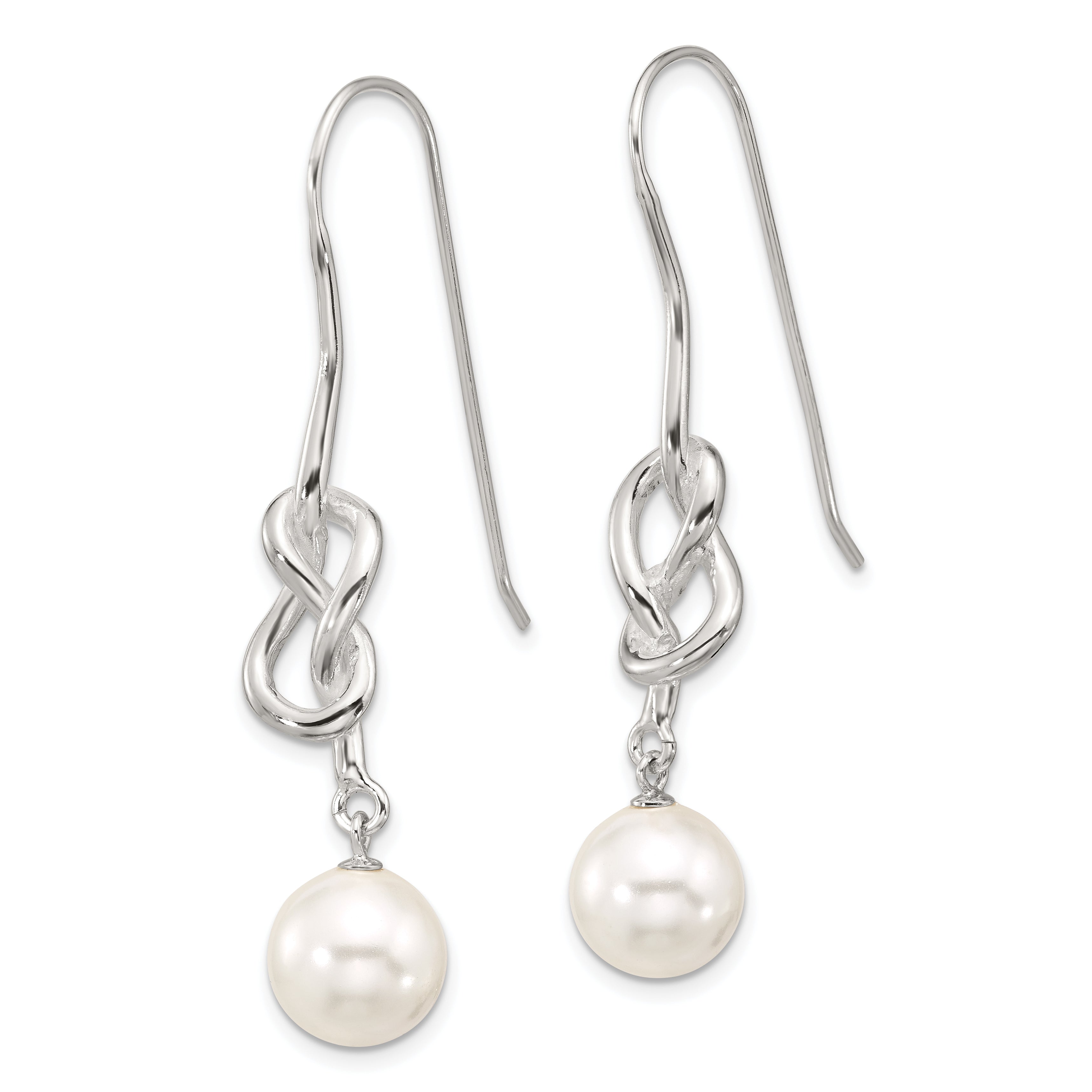 Sterling Silver Polished Knot 10mm Glass Pearl Dangle Earrings