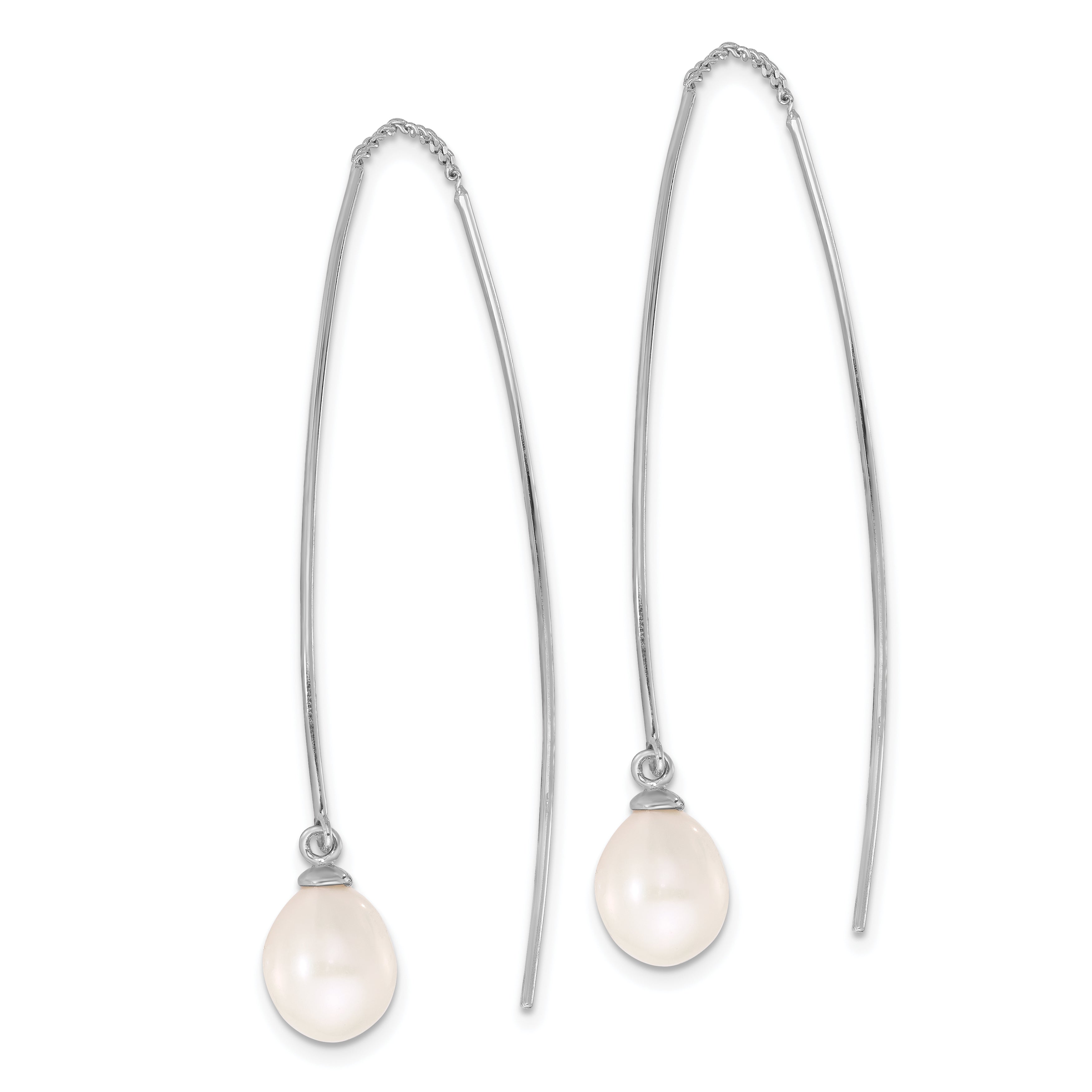 Sterling Silver RH-plated 7-8mm FWC Teardrop Pearl Threader Earrings