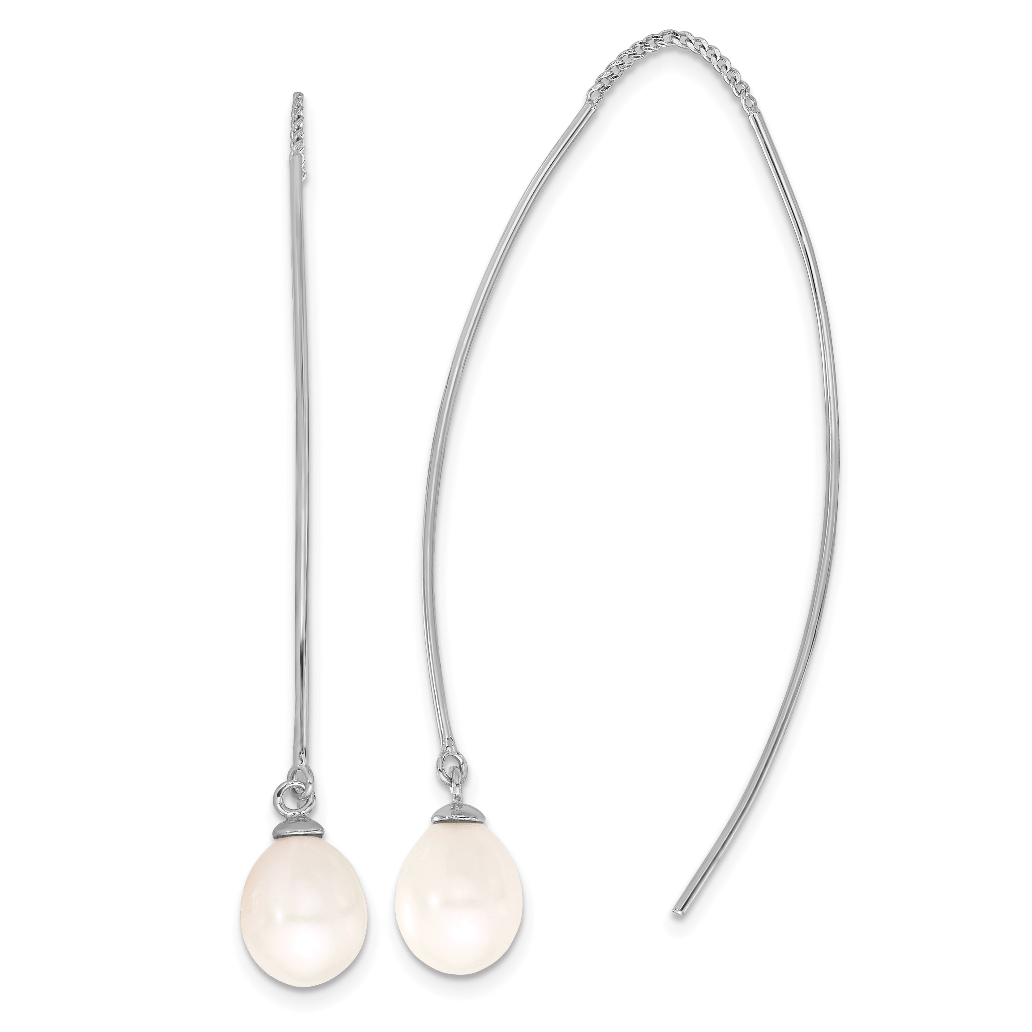 Sterling Silver RH-plated 7-8mm FWC Teardrop Pearl Threader Earrings