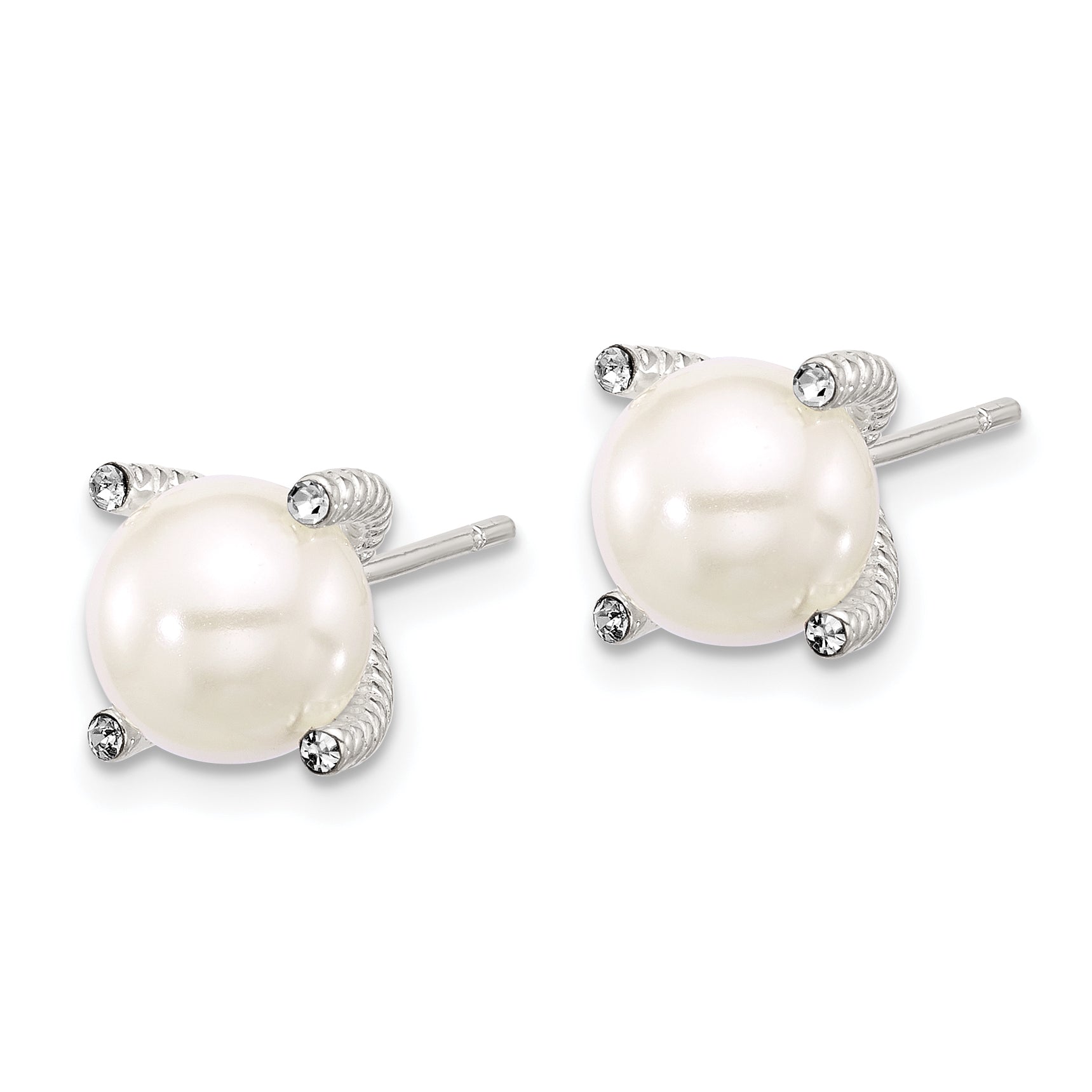 Sterling Silver Polished/Twisted CZ and Synthetic Pearl Post Earrings