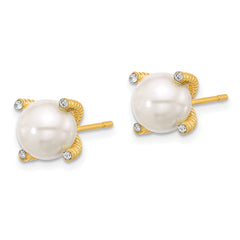 Sterling Silver Gold-tone Polished/Twisted CZ and Syn. Pearl Post Earrings