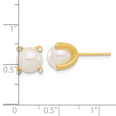 Sterling Silver Gold-tone Polished/Twisted CZ and Syn. Pearl Post Earrings