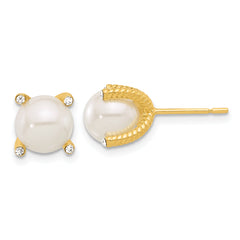 Sterling Silver Gold-tone Polished/Twisted CZ and Syn. Pearl Post Earrings