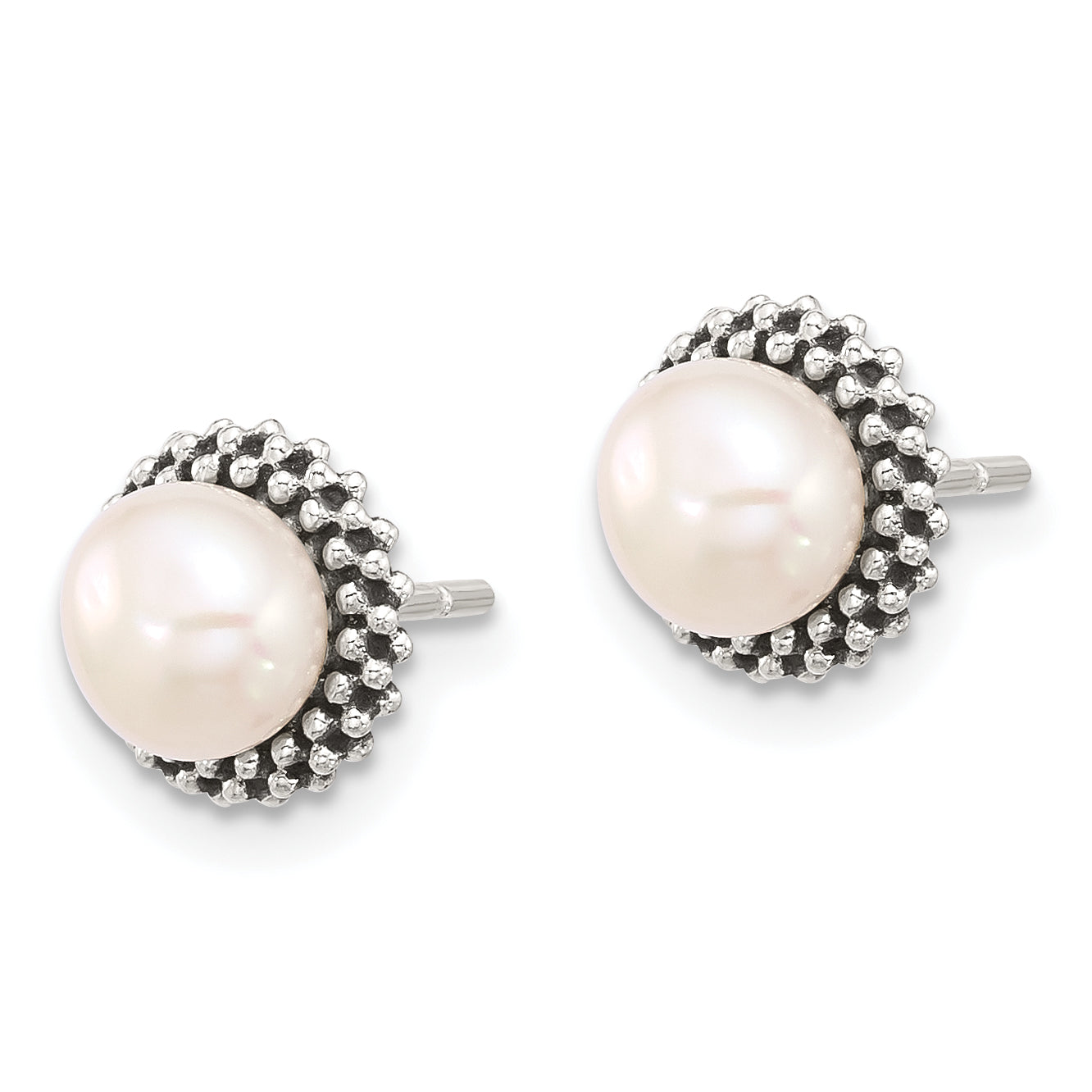 Sterling Silver Antiqued Beaded Synthetic Pearl Post Button Earrings