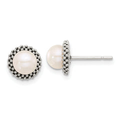 Sterling Silver Antiqued Beaded Synthetic Pearl Post Button Earrings