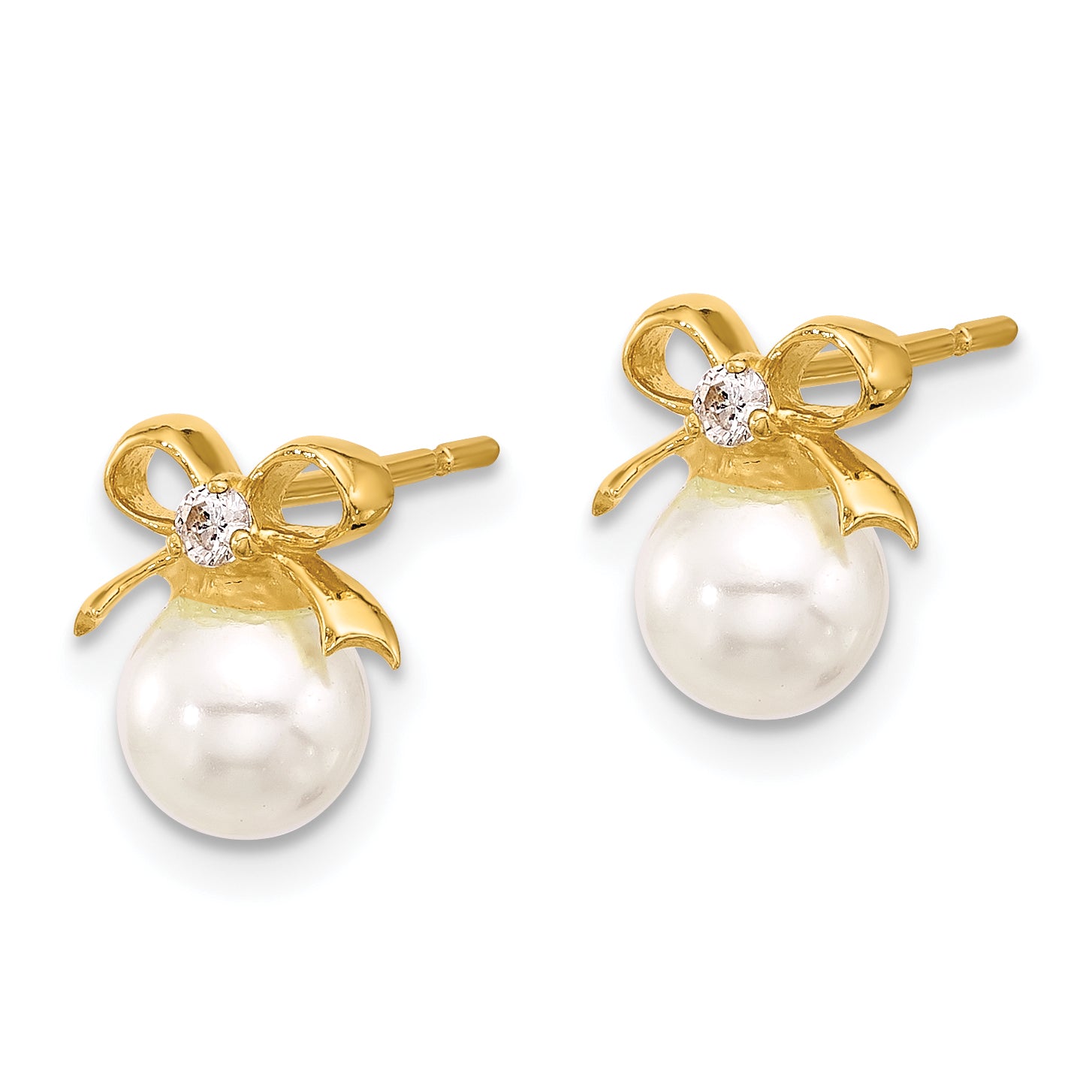 Sterling Silver Gold-tone Polished CZ and Synthetic Pearl Bow Post Earrings