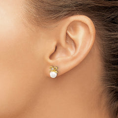 Sterling Silver Gold-tone Polished CZ and Synthetic Pearl Bow Post Earrings