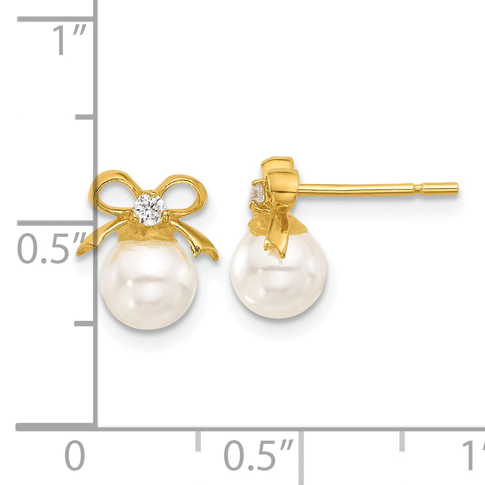 Sterling Silver Gold-tone Polished CZ and Synthetic Pearl Bow Post Earrings