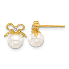 Sterling Silver Gold-tone Polished CZ and Synthetic Pearl Bow Post Earrings