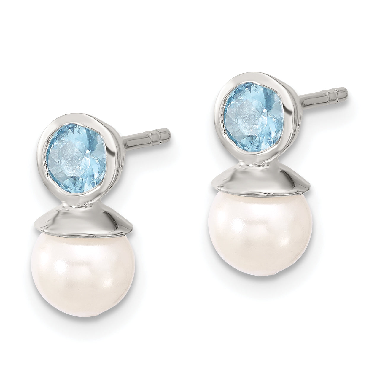 Sterling Silver Polished Blue CZ and 6-6.5mm Glass Pearl Post Earrings