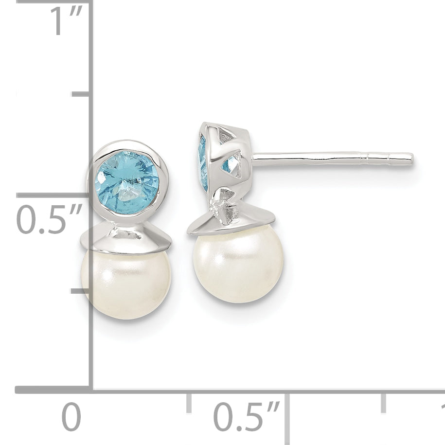 Sterling Silver Polished Blue CZ and 6-6.5mm Glass Pearl Post Earrings