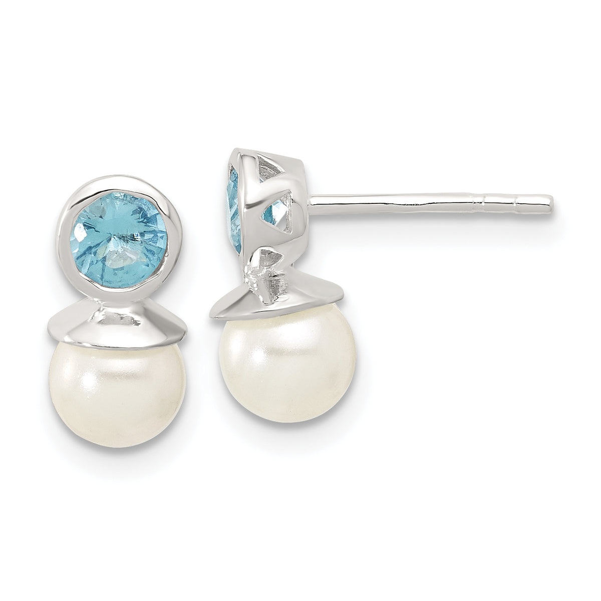 Sterling Silver Polished Blue CZ and 6-6.5mm Glass Pearl Post Earrings