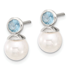 Sterling Silver Polished Blue CZ and 8-8.5mm Glass Pearl Post Earrings