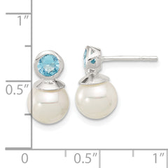 Sterling Silver Polished Blue CZ and 8-8.5mm Glass Pearl Post Earrings