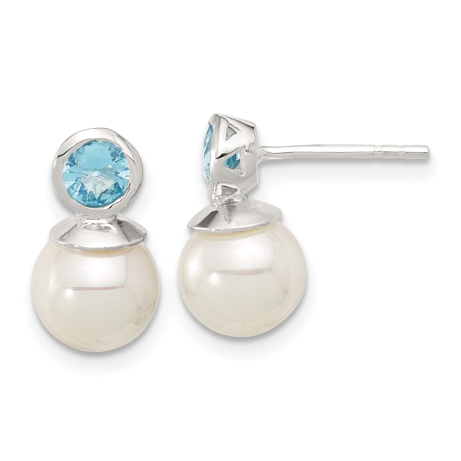 Sterling Silver Polished Blue CZ and 8-8.5mm Glass Pearl Post Earrings