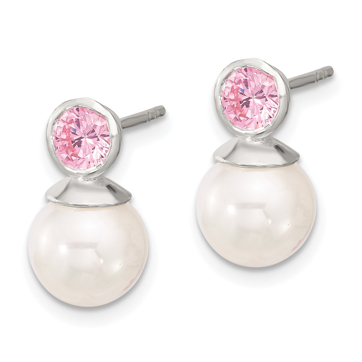 Sterling Silver Polished Pink CZ and 8-8.5mm Glass Pearl Post Earrings