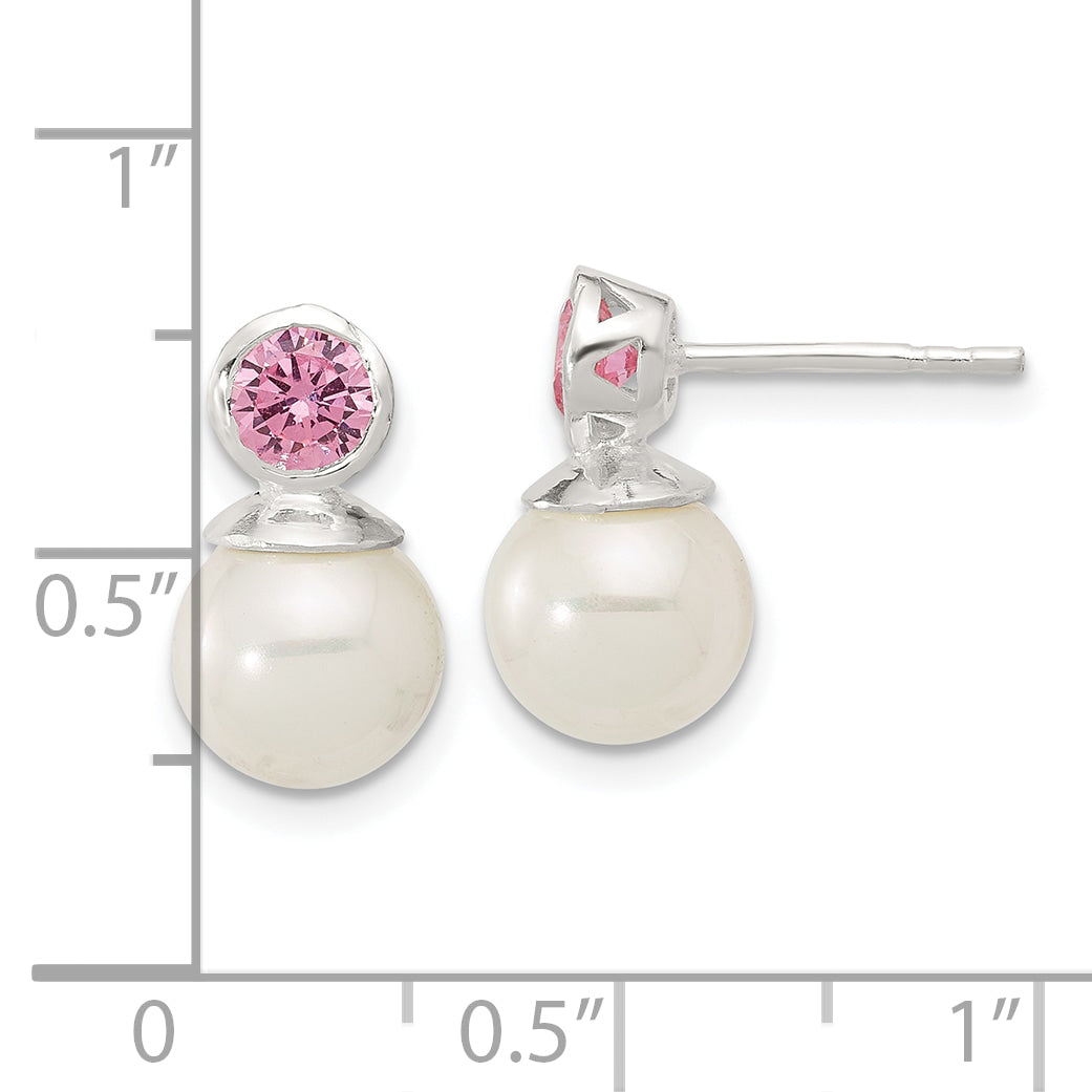 Sterling Silver Polished Pink CZ and 8-8.5mm Glass Pearl Post Earrings