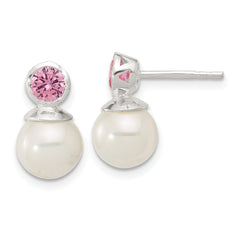 Sterling Silver Polished Pink CZ and 8-8.5mm Glass Pearl Post Earrings