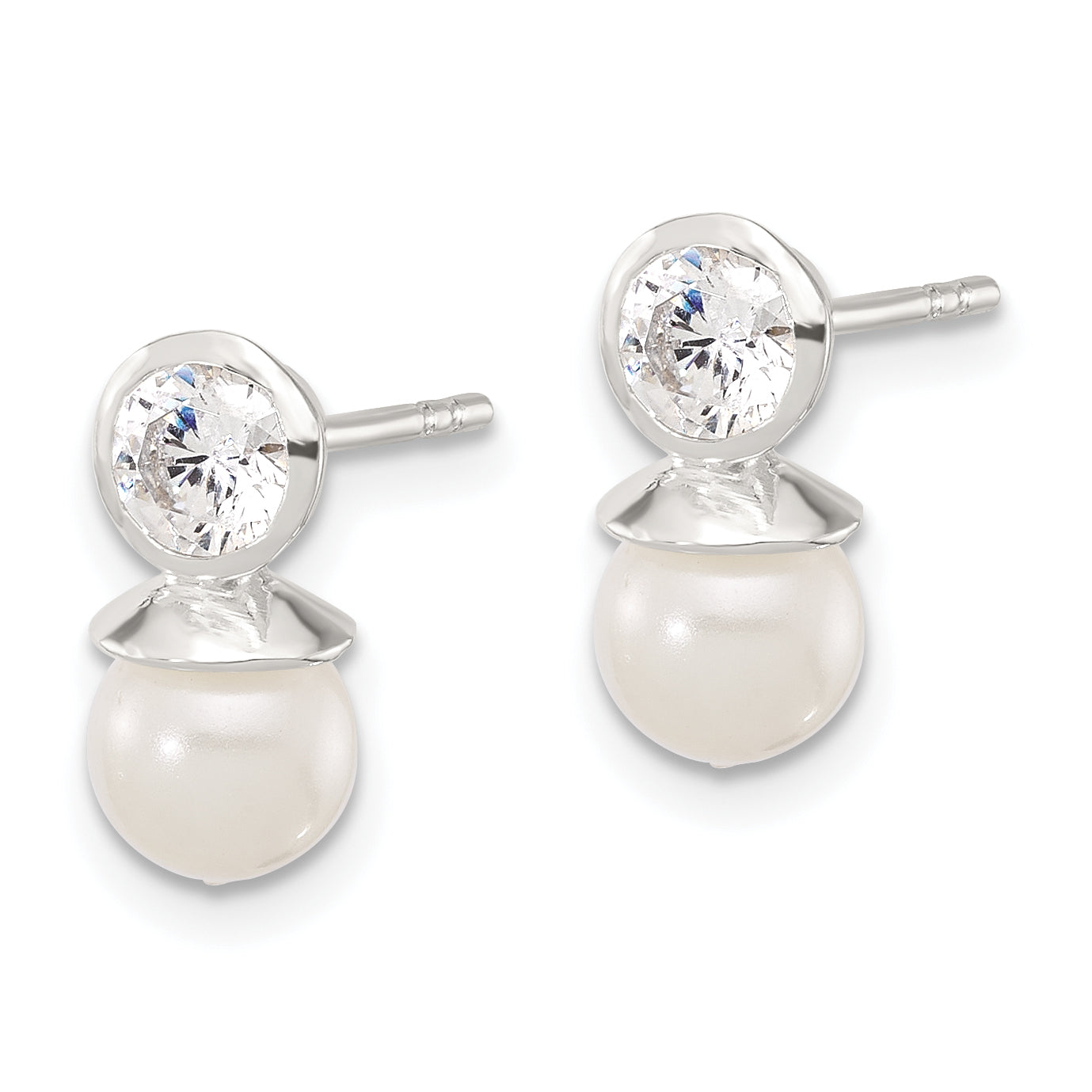 Sterling Silver Polished CZ and 6-6.5mm Glass Pearl Post Earrings