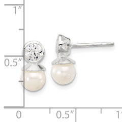 Sterling Silver Polished CZ and 6-6.5mm Glass Pearl Post Earrings