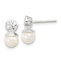 Sterling Silver Polished CZ and 6-6.5mm Glass Pearl Post Earrings