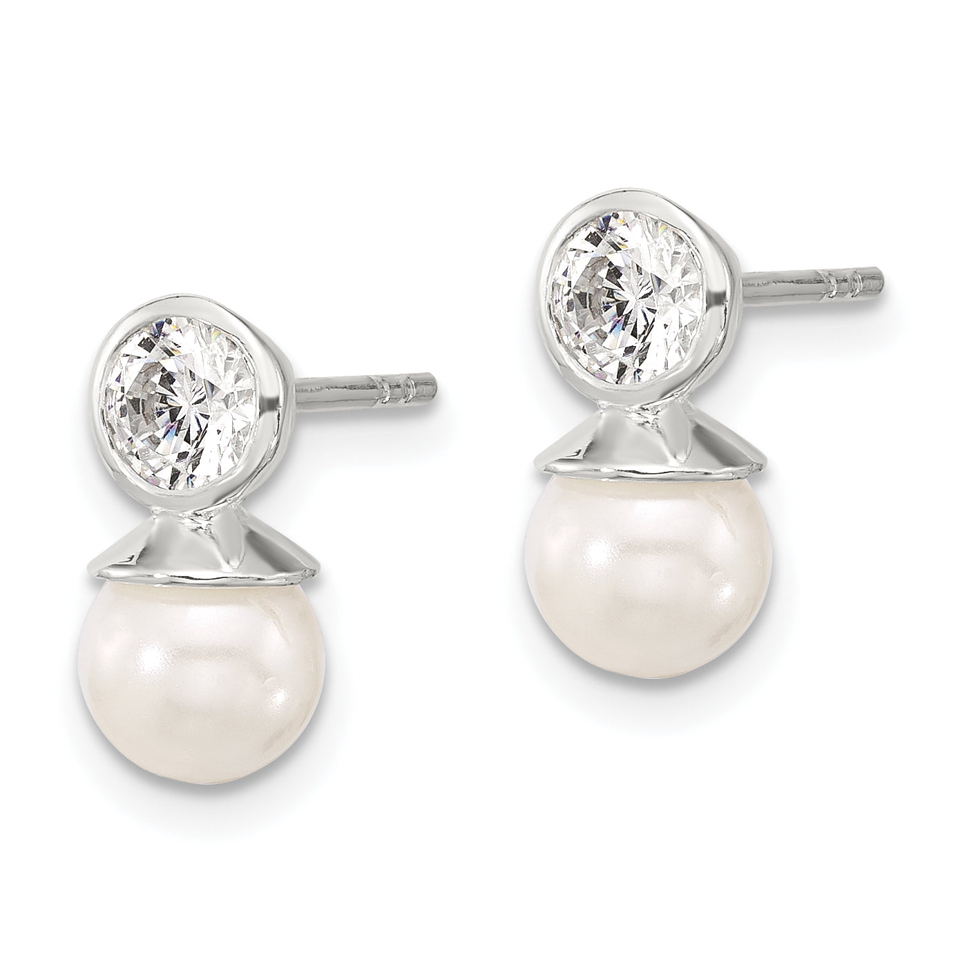 Sterling Silver Polished CZ and 6-6.5mm Glass Pearl Post Earrings