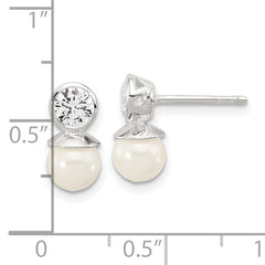 Sterling Silver Polished CZ and 6-6.5mm Glass Pearl Post Earrings