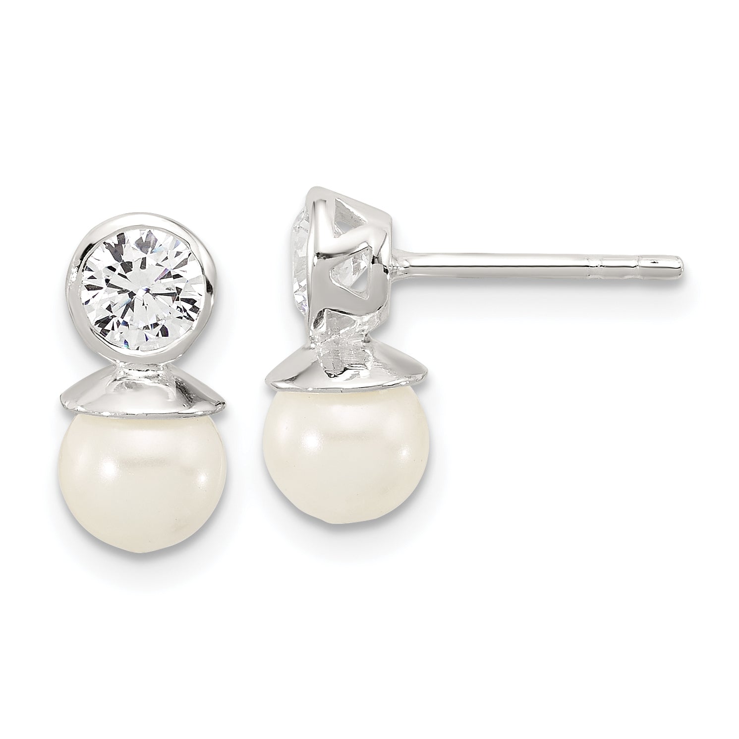 Sterling Silver Polished CZ and 6-6.5mm Glass Pearl Post Earrings