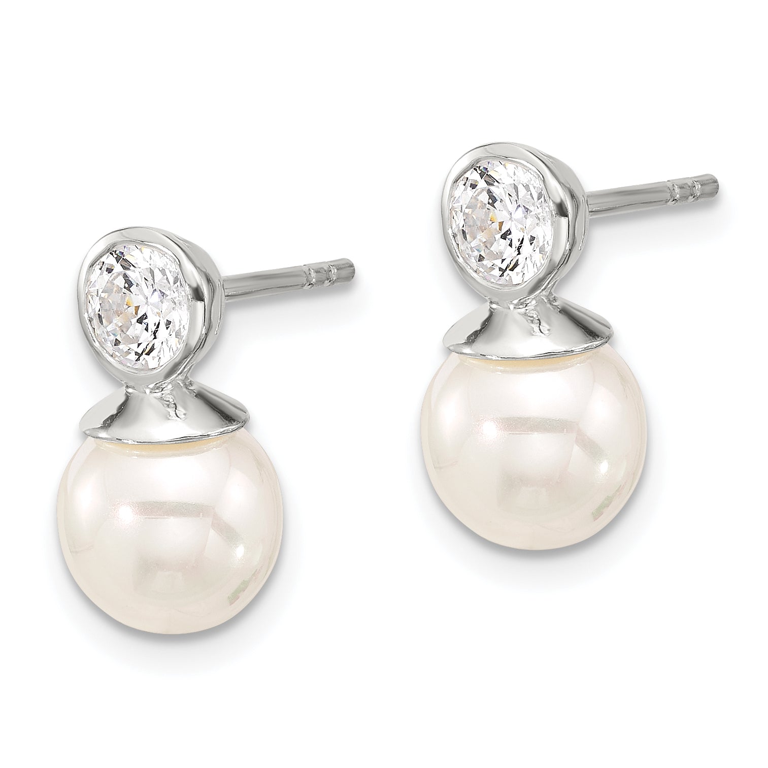 Sterling Silver Polished CZ and 8-8.5mm Glass Pearl Post Earrings