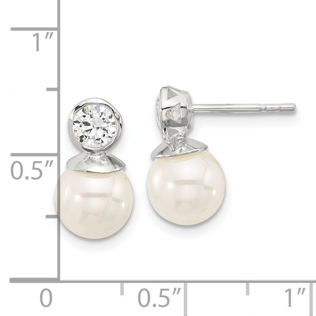 Sterling Silver Polished CZ and 8-8.5mm Glass Pearl Post Earrings