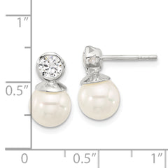 Sterling Silver Polished CZ and 8-8.5mm Glass Pearl Post Earrings