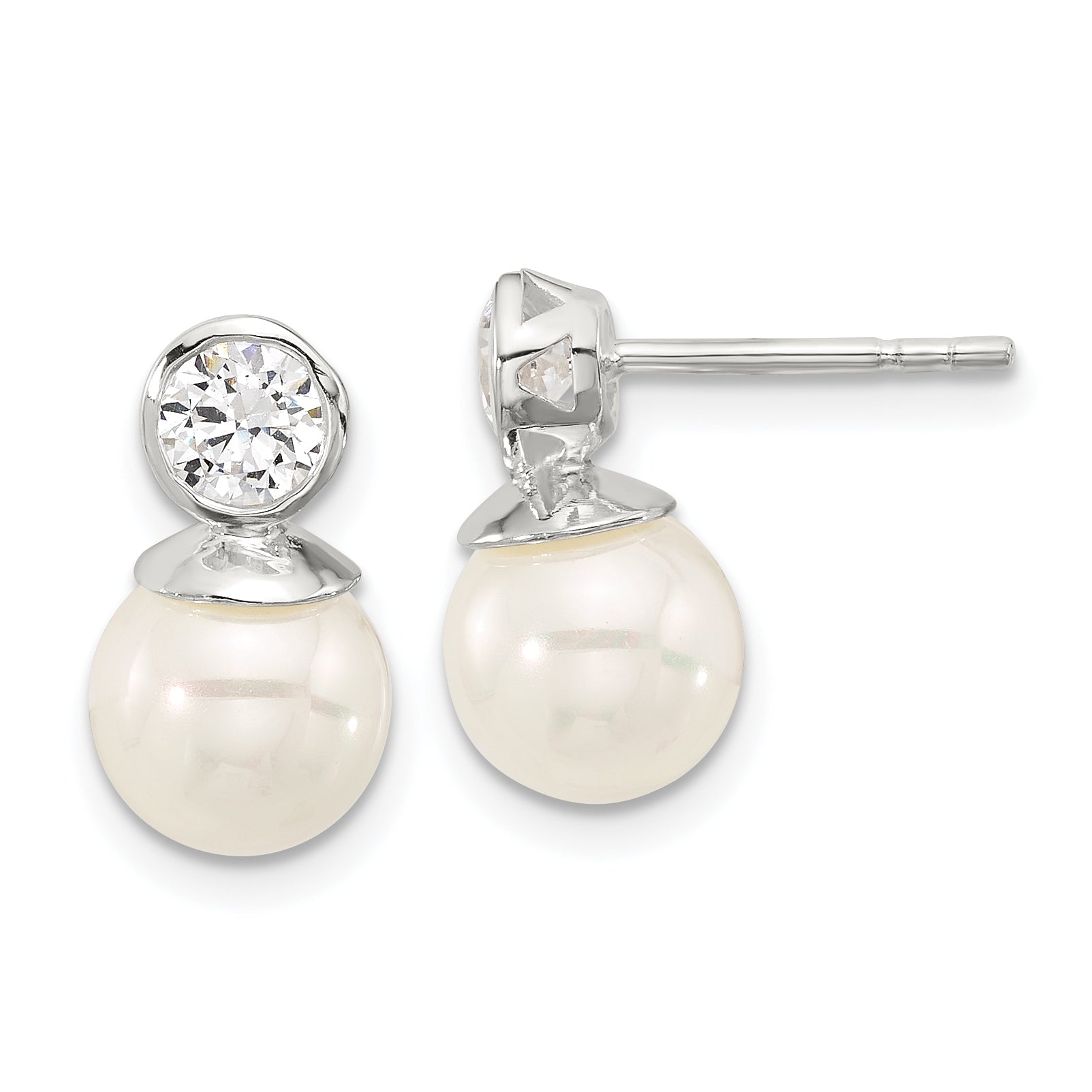 Sterling Silver Polished CZ and 8-8.5mm Glass Pearl Post Earrings