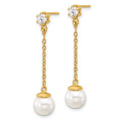 Sterling Silver Gold-tone Polished CZ and Imitation Pearl Dangle Earrings