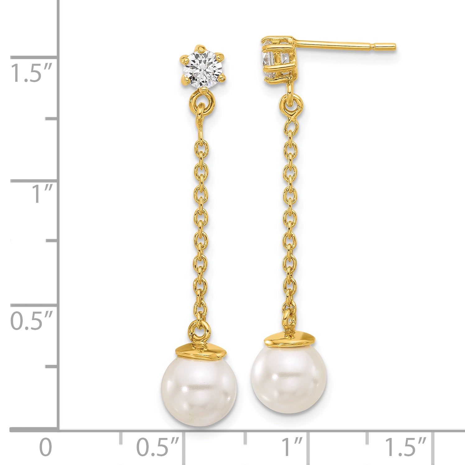 Sterling Silver Gold-tone Polished CZ and Imitation Pearl Dangle Earrings