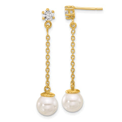 Sterling Silver Gold-tone Polished CZ and Imitation Pearl Dangle Earrings