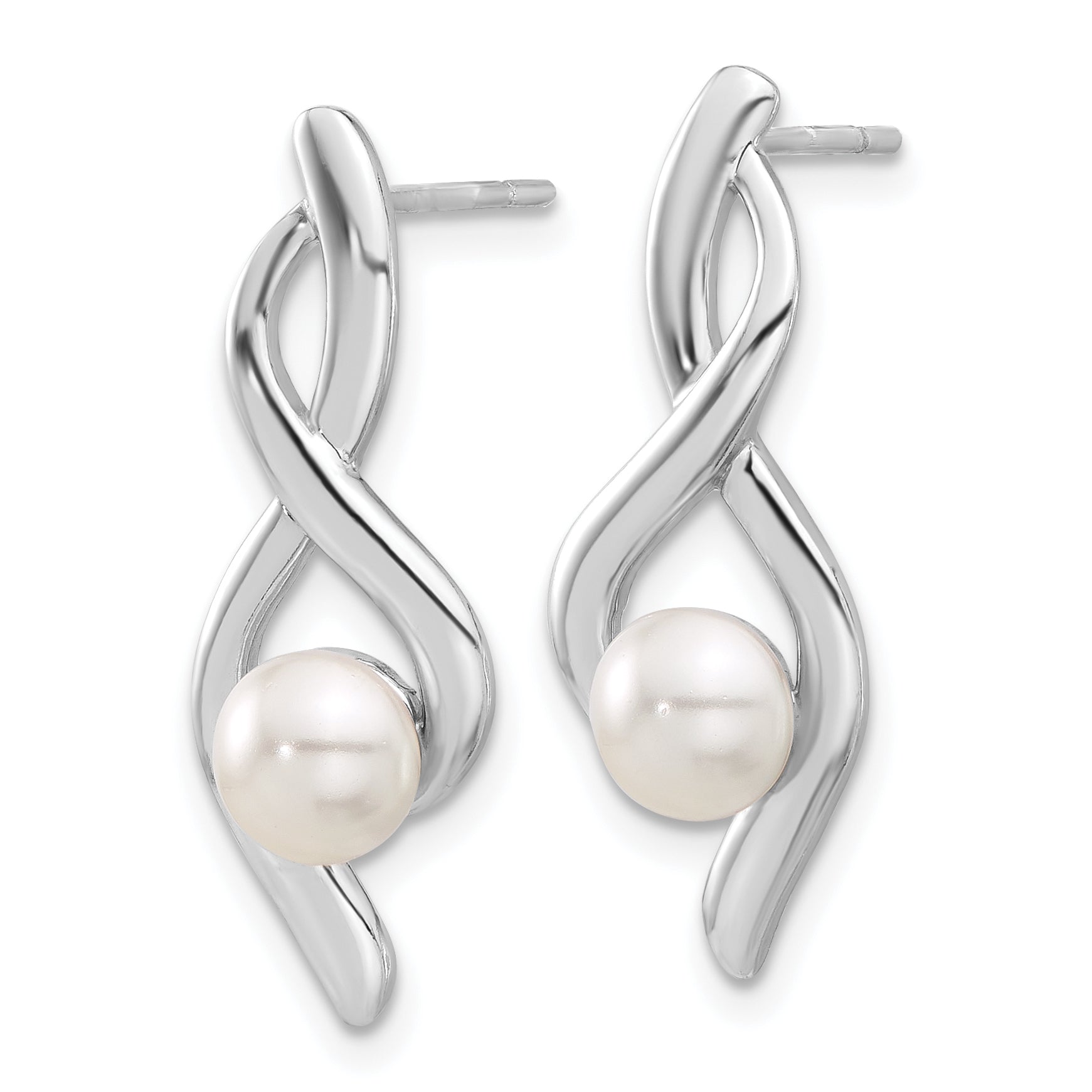 Sterling Silver Rhodium-plated Fancy Twist Glass Pearl Post Dangle Earrings