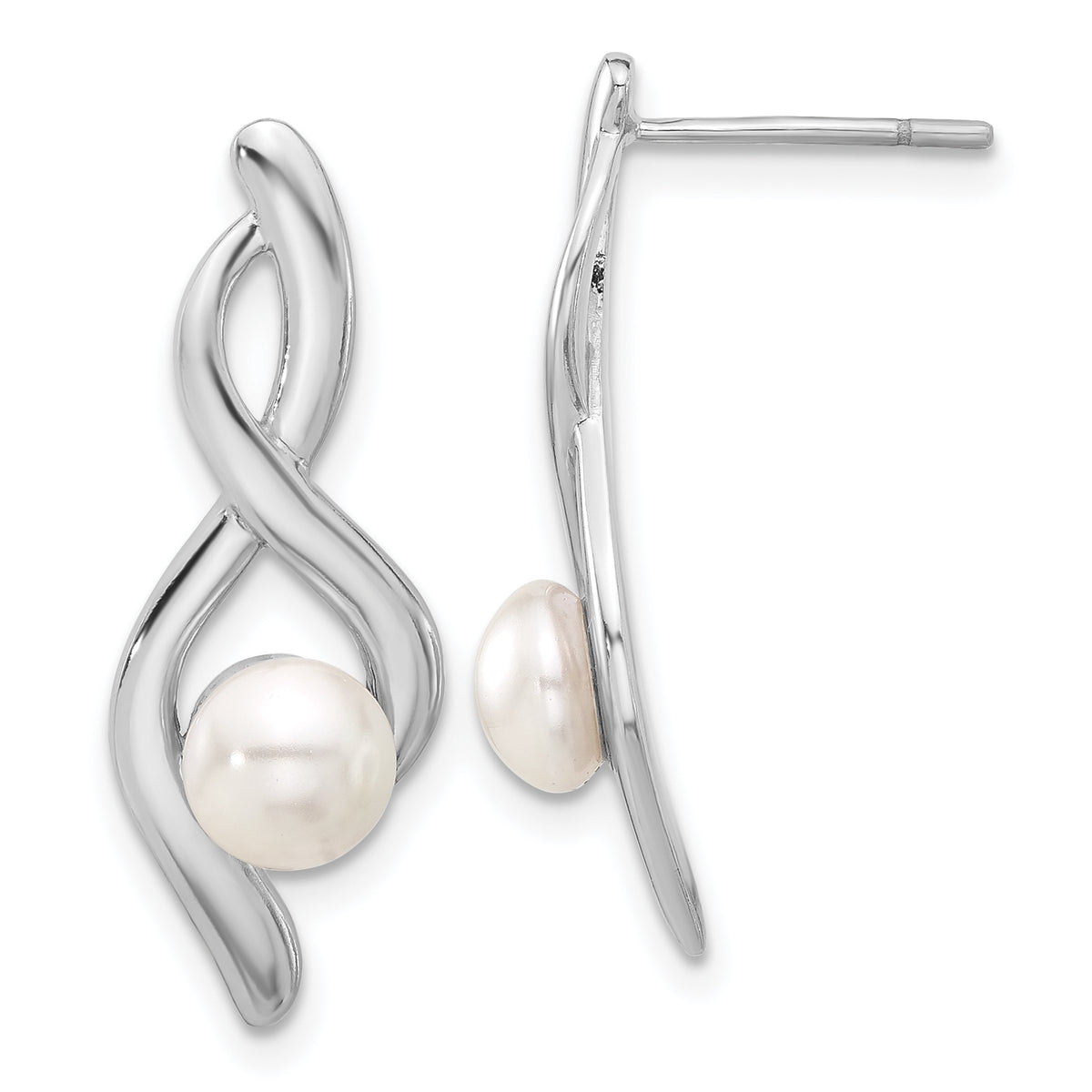 Sterling Silver Rhodium-plated Fancy Twist Glass Pearl Post Dangle Earrings