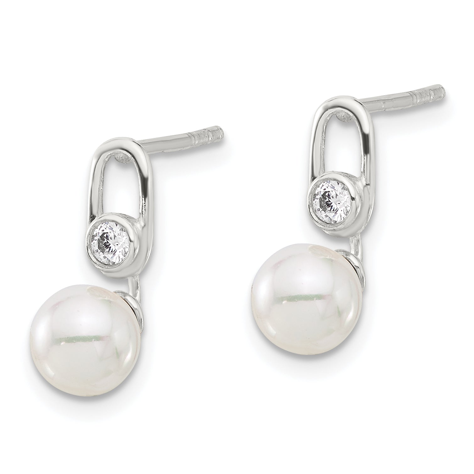 Sterling Silver E-coated Polished 6-7mm Shell Pearl and CZ Post Earrings