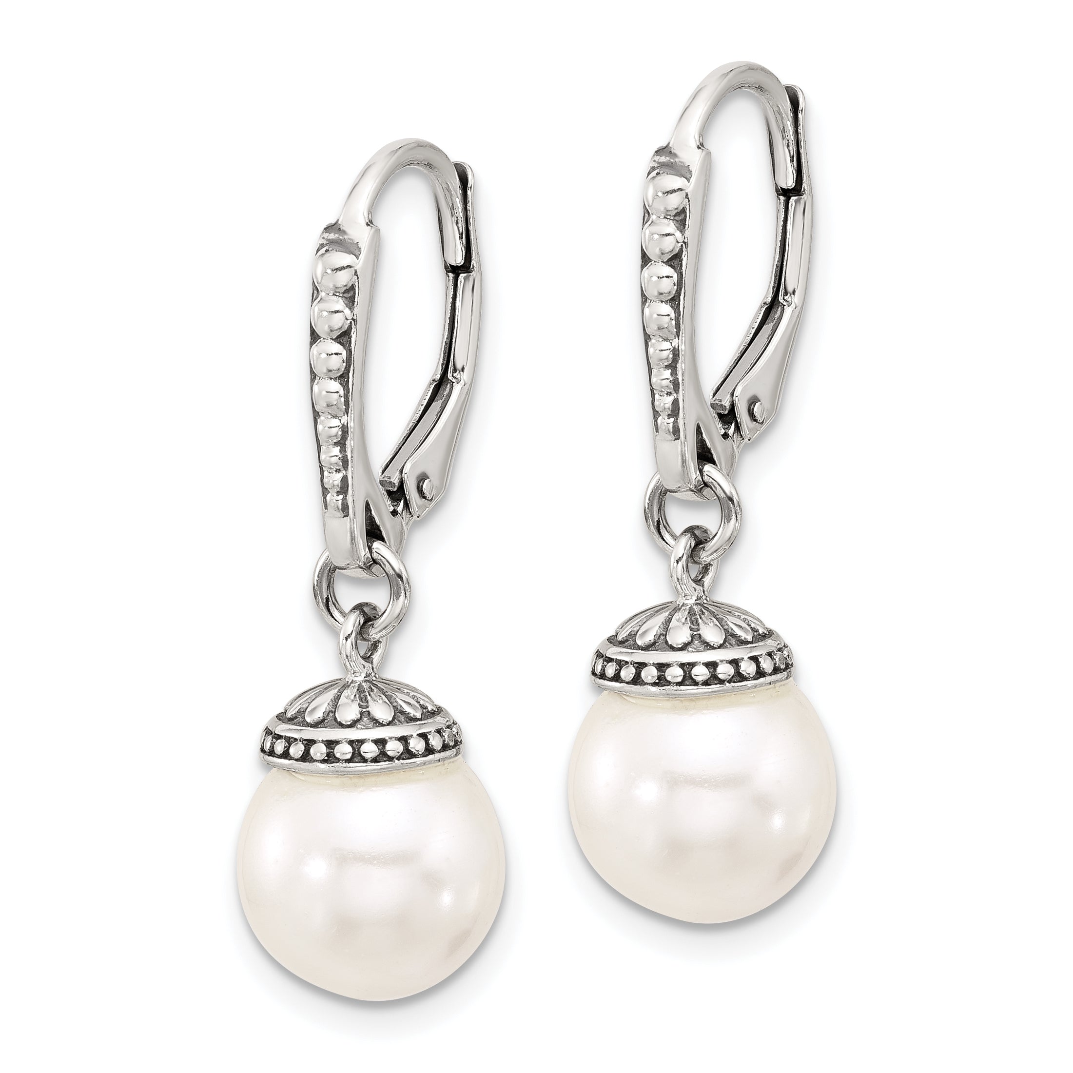 Sterling Silver Polished and Antiqued Syn. Pearl Leverback Dangle Earrings