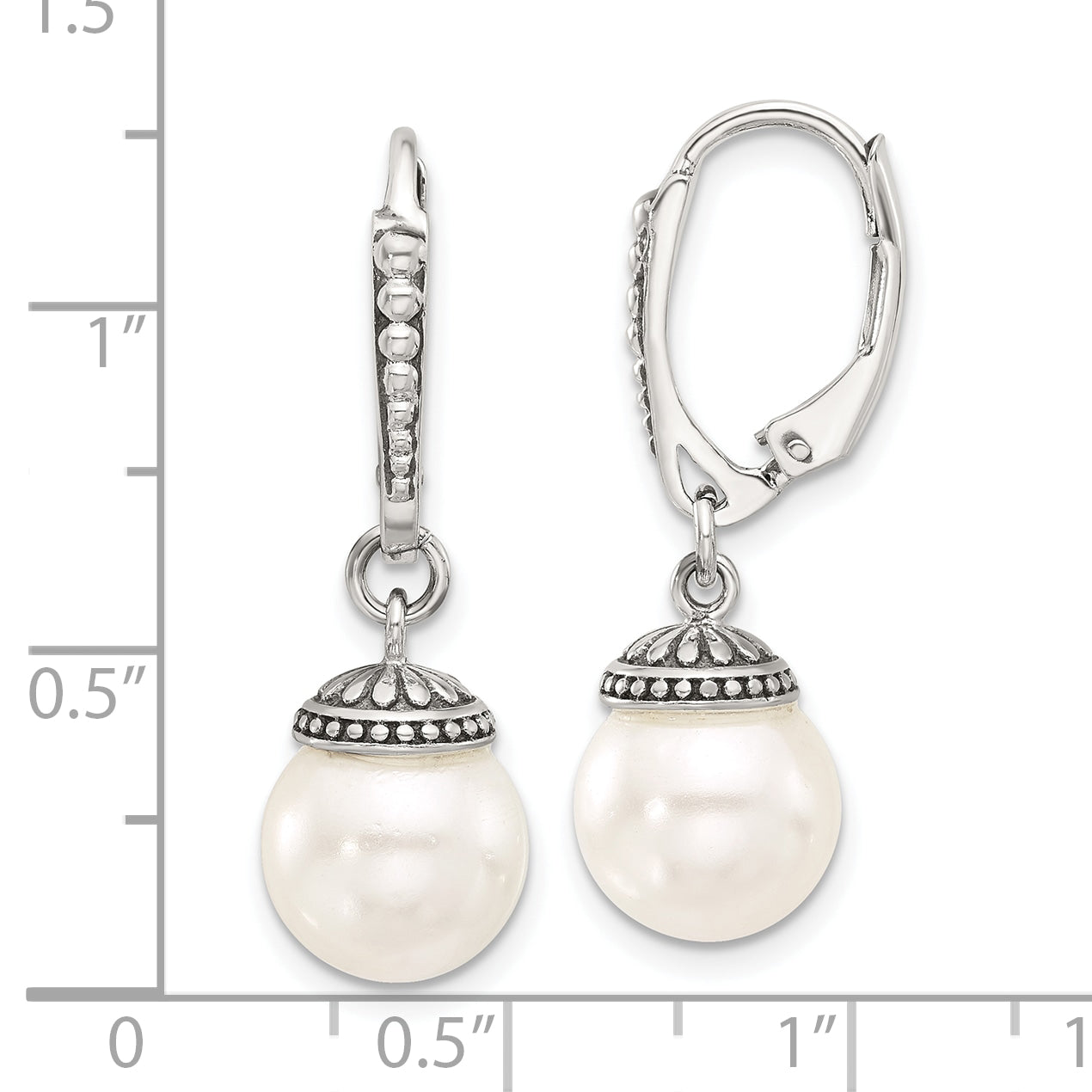 Sterling Silver Polished and Antiqued Syn. Pearl Leverback Dangle Earrings