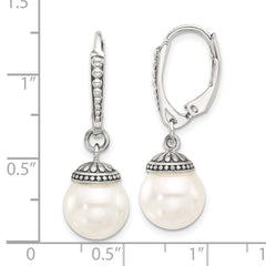 Sterling Silver Polished and Antiqued Syn. Pearl Leverback Dangle Earrings