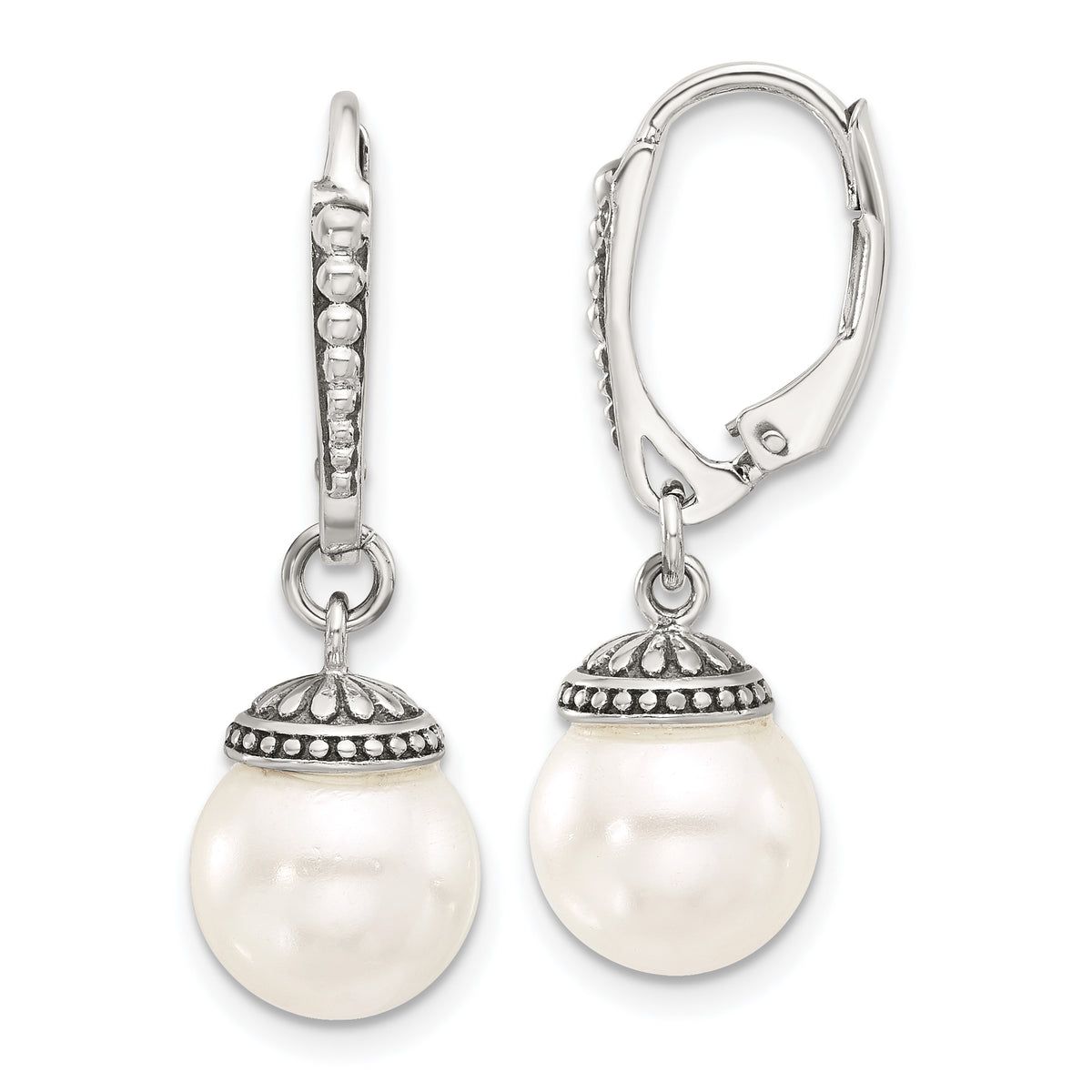 Sterling Silver Polished and Antiqued Syn. Pearl Leverback Dangle Earrings