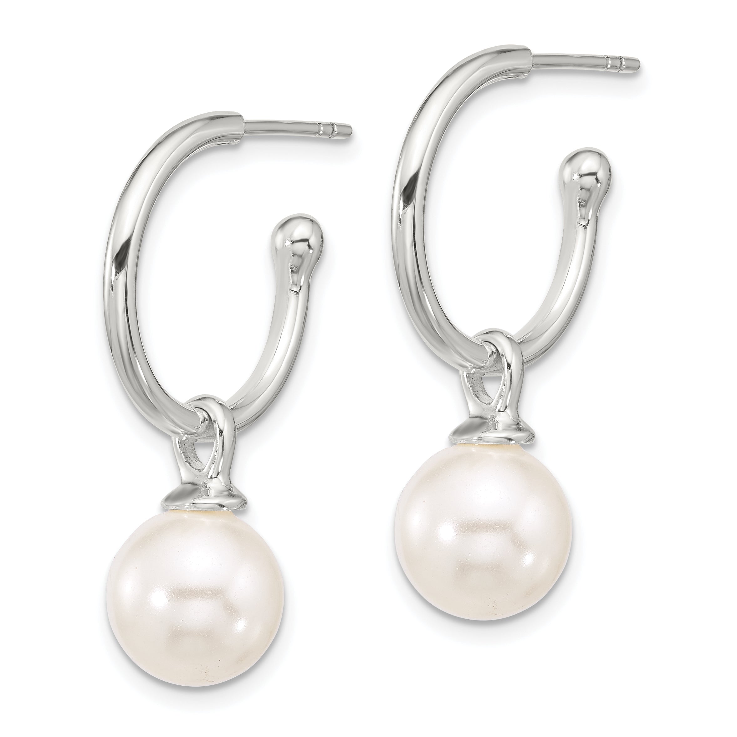 Sterling Silver Polished Dangling 10mm Glass Pearl Post C-Hoop Earrings