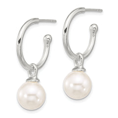 Sterling Silver Polished Dangling 10mm Glass Pearl Post C-Hoop Earrings